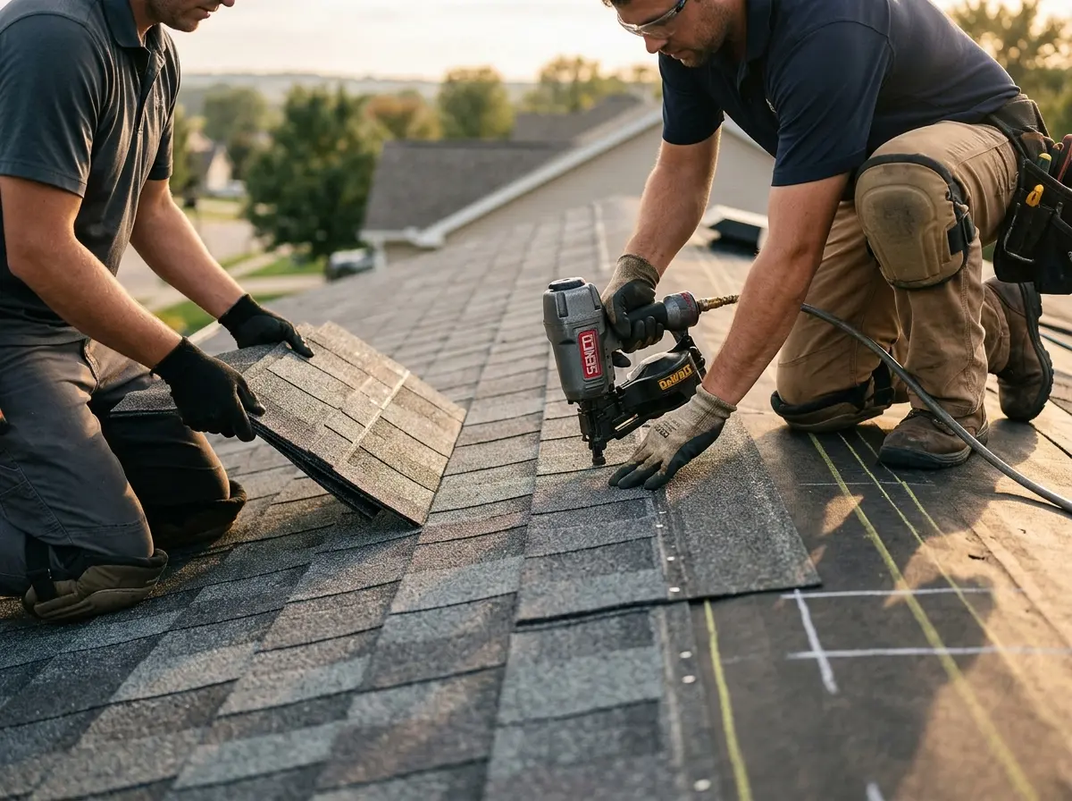 Professional roofer working on a residential roof in Lonsdale